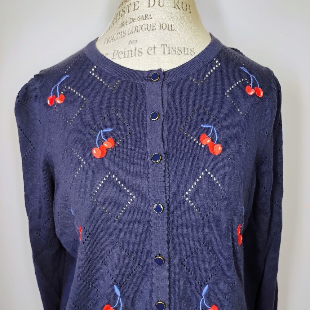 Charter Club Cherry Embroidered Cardigan Sweater Navy Blue Womens Large Twee - Picture 2 of 11